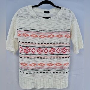 F&F Tesco Womens Knit Sweater US M Cream Coral Fair Isle Short Sleeve Pullover